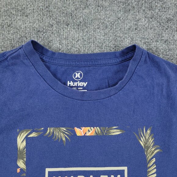 Hurley Shirt Men Small Blue Logo Floral Graphic Tee Short Sleeve Spell Out Patch - Picture 3 of 12